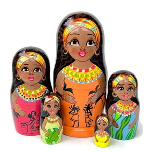 Handmade African American Black Skin Nesting Dolls, Set of 5, Hand Painted Matryoshka Dolls, Dark Skin Girl Gift, Unique Stuff for Girls