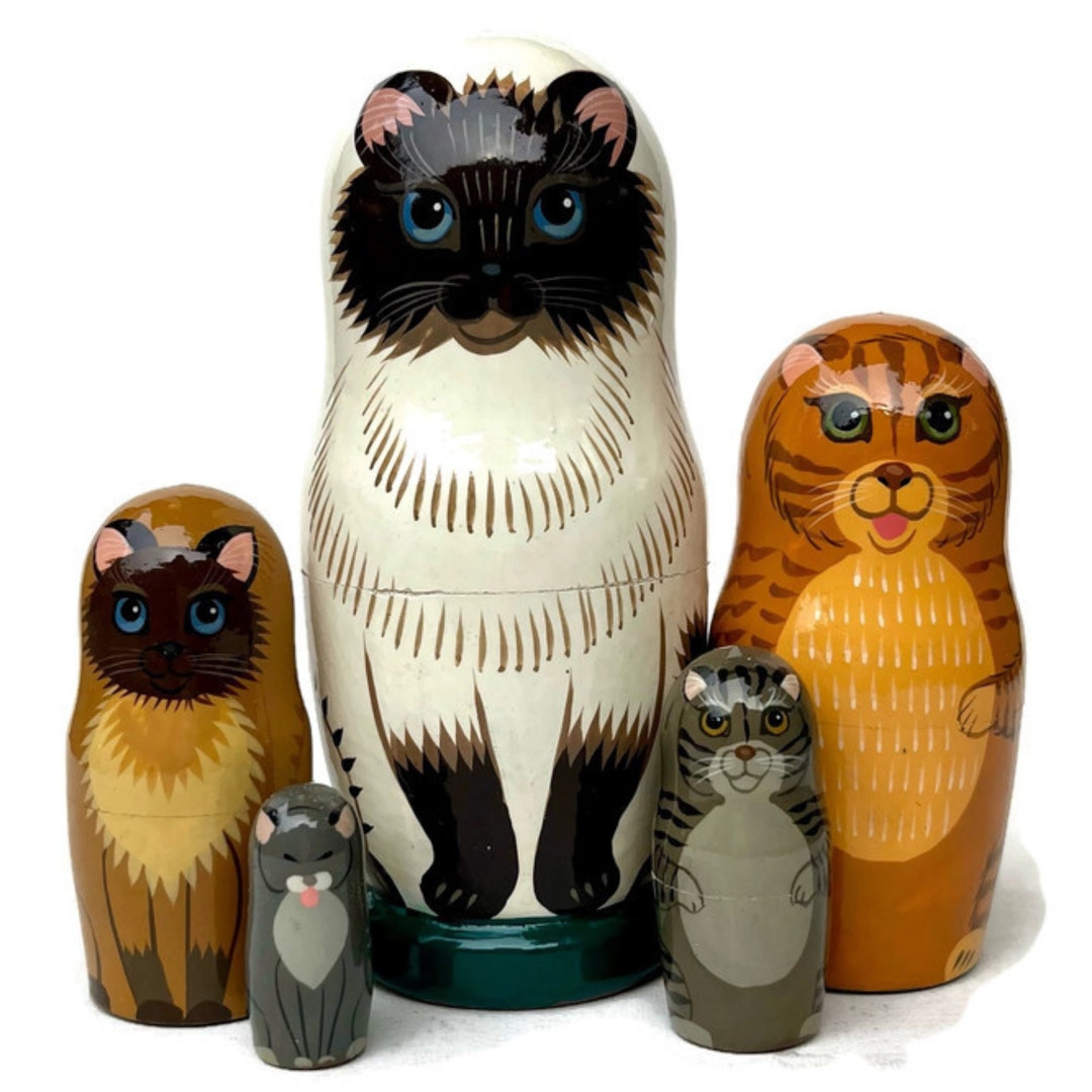 Cats Nesting Dolls, Handmade Wooden Toy, Developing Skills Toy, Blue