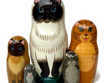 Cats Nesting dolls, handmade wooden toy, Developing skills toy, Blue eyes siamese gifts, Cat lovers gift, Cat basket, Unique toy for kids