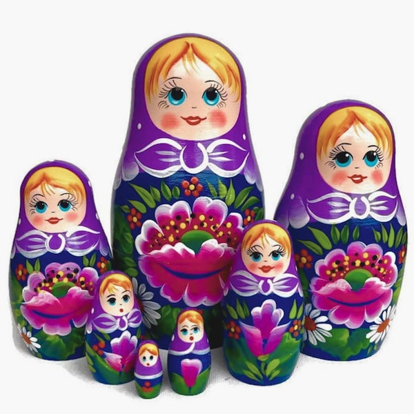 Pañuelo púrpura Matryoshka Muñecas anidadas para niños, babushka con flores, juguete de madera hecho a mano, desarrollo de habilidades Montessori, decoración del hogar