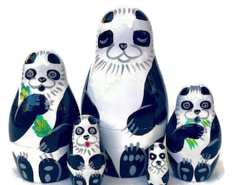 Panda Nesting dolls for kids,  5 Animal nesting dolls, Handmade Wooden toy, Panda toy, Christmas gift idea, Panda gift, Christmas stocking