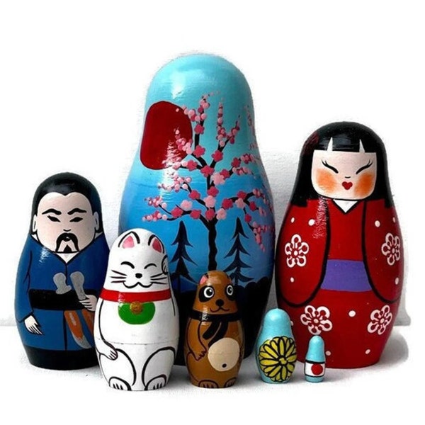Welcome to Japan nesting dolls, Japanese dolls, handmade wooden toy, home decor, puzzle game, Christmas gift, Samurai, Geisha, Sakura