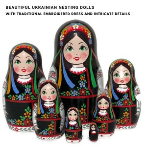 May include: A set of Ukrainian nesting dolls, also known as Matryoshka dolls, with traditional embroidered dresses and intricate details. The dolls are painted with smiling faces, floral patterns, and colorful accents. The text in the image reads: "BEAUTIFUL UKRAINIAN NESTING DOLLS WITH TRADITIONAL EMBROIDERED DRESS AND INTRICATE DETAILS."