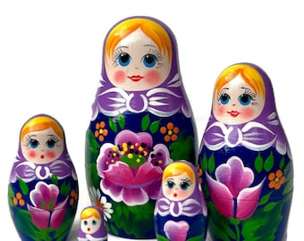 Handmade Purple Babushka Nesting Dolls: Montessori Wooden Toy