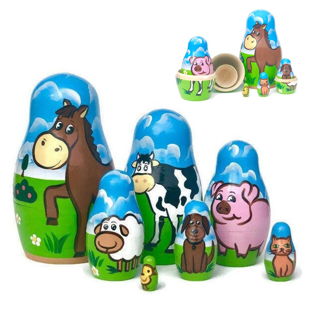 Farm Animals Nesting Dolls for Kids Handmade Wooden Toy Barn Farm