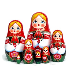 Handmade Wooden Nesting Dolls: Traditional Gold Accent Matryoshka Set
