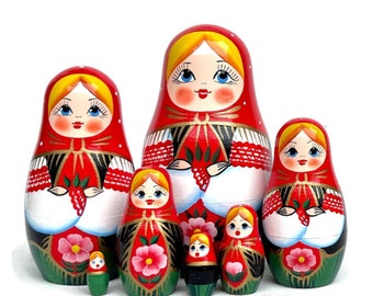 Handmade Wooden Nesting Dolls: Traditional Gold Accent Matryoshka Set