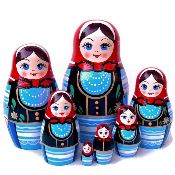 Bestselling Handmade Blue Babushka Nesting Doll Set, 7 Beauty Traditional Stacking Doll, Montessori Educational Toy, Christmas Gift for Kids