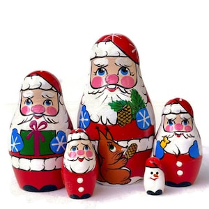 Handmade Santa Nesting Dolls: Christmas Decor, Wooden Toy (5pc)