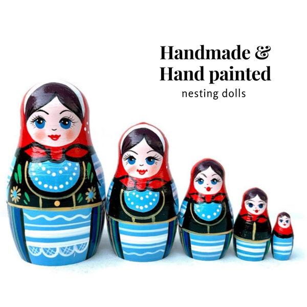 Traditional Blue Babushka Nesting Dolls - Handmade Wooden Set, Perfect Montessori Toy for Kids, Enhancing Developing Skills, Christmas Gift