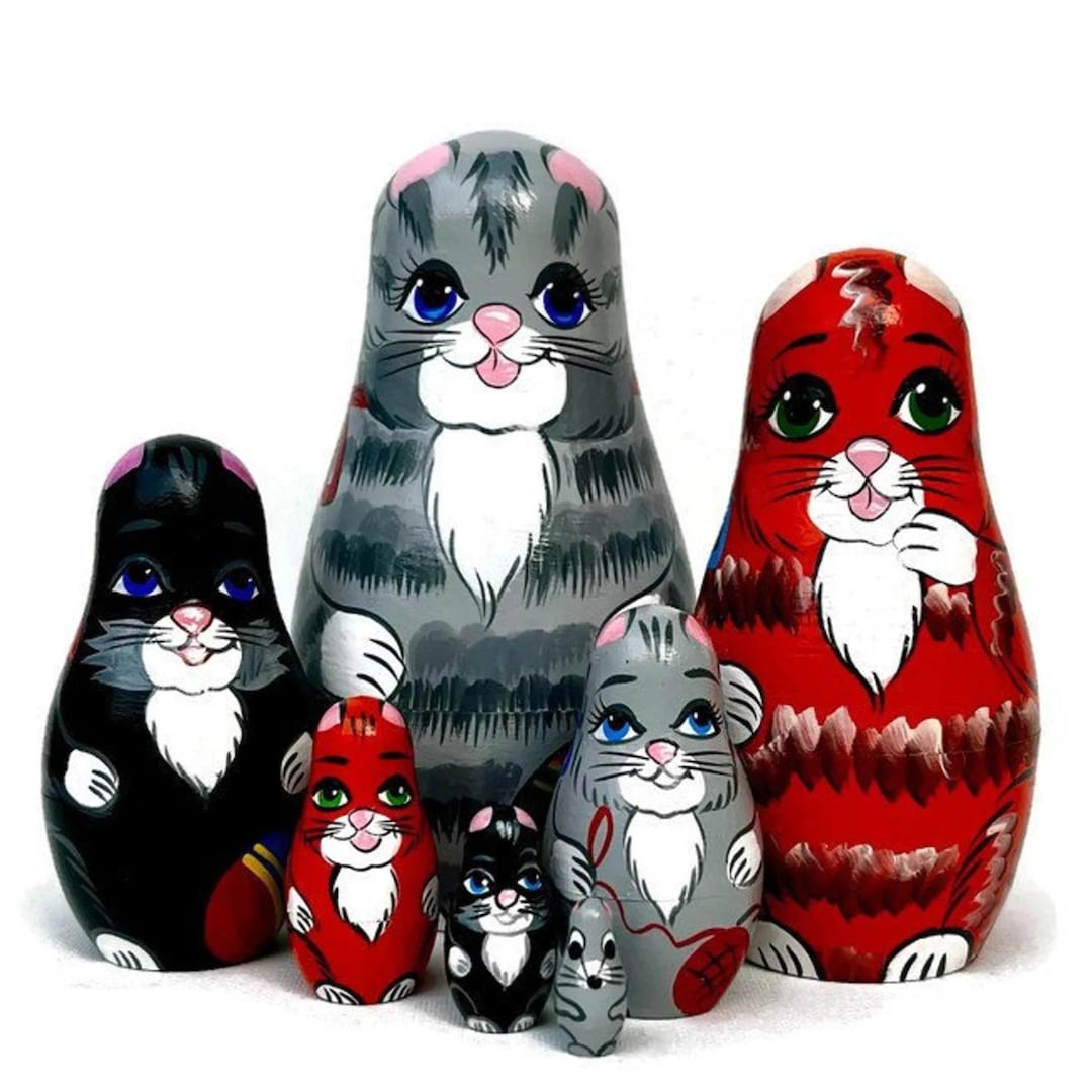 Cats Nesting Dolls Set of 7 Handmade Wooden Toys for Developing Skills