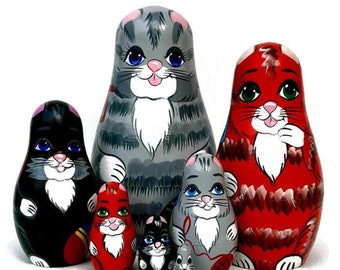 Cats Nesting Dolls - Set of 7 Handmade Wooden Toys for Developing Skills - Perfect Gift for Cat Lovers, Boys and Girls Toy for Hours of Fun