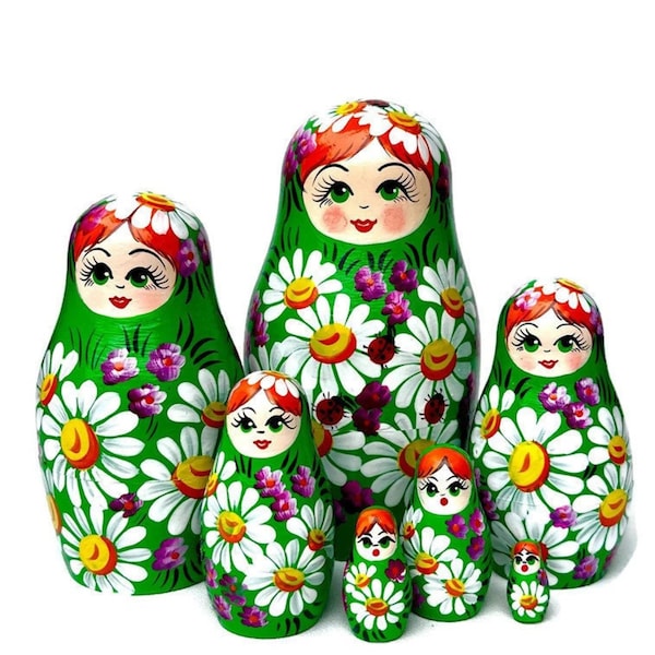 Handmade Nesting Dolls: Chamomile Flower Design, Wooden Toy Puzzle