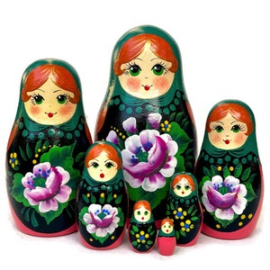 Handmade Green Headscarf Matryoshka Nesting Dolls: Babushka with Flowers