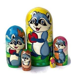 Handmade Raccoon Nesting Dolls: Wooden Stacking Toy, Woodland Nursery Decor