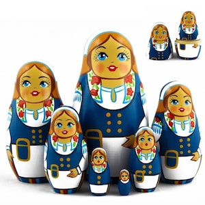 Handgefertigte Kleid Puppen Puppenset: 7-teiliges Stapelspielzeug aus Holz