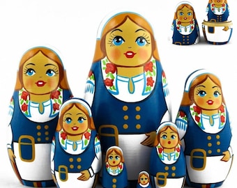 Handmade Blue Dress Nesting Dolls: Wooden Stacking Toy, 7-Piece Set