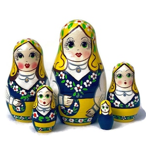 Handmade Nesting Dolls: Traditional Blue & Yellow Wooden Set
