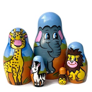 Handmade Safari Animal Nesting Dolls: Montessori Wooden Toy, Nursery Decor