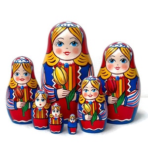 Handmade Nesting Dolls: Lady with Tulip, 7-Piece Wooden Toy