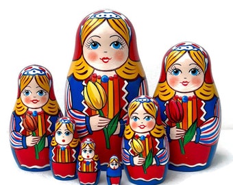 Handmade Nesting Dolls: Lady with Tulip, 7-Piece Wooden Toy