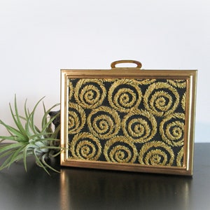 Vintage Mini Suitcase Trinket Box - Gold Toned Tin and Green Spiral Fabric