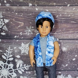 Blue Tie Dyed Fleece Hat Matching Scarf Set 18 inch Doll Accessory Winter 2 Piece Doll Set Hat Winter Panel Hat