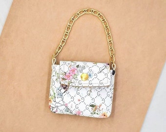 Doll Purse Faux Leather Fabric Handbag Doll Accessory Fashion Bag 18inch Doll Luxury Flower Print White Gold Chain