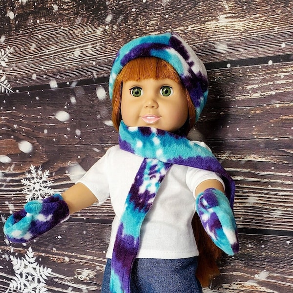 Fleece Hat Scarf Mittens Matching Set Like AG Doll Accessory 18 inch Doll Winter 3 Piece Purple Lavender Doll Beanie Blue