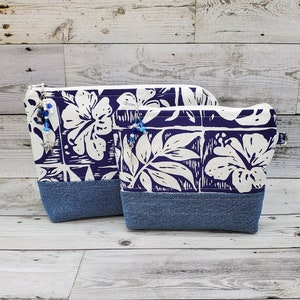 Recycled Blue Jean & Hawaiian Print Fabric Zippered Pouch Makeup Bag Handbag Travel Bag Carry All School Supplies Clutch Cosmetic Bag Blue
