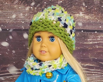 Green and White AG Doll Accessory Doll Beanie Knit Hat Matching Scarf 18 inch Doll Hat Winter Wear Gender Neutral Doll Ski Hat Winter