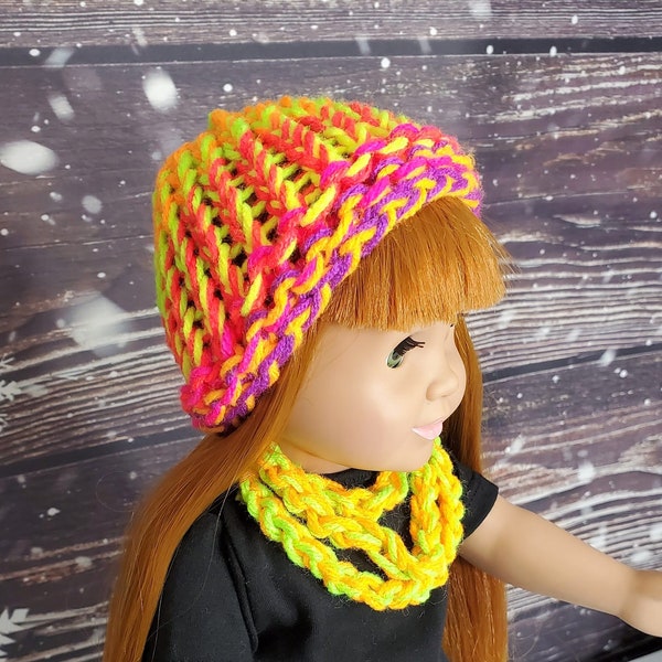 Neon Colors AG Doll Accessories Doll Beanie Knit Hat Matching Scarf 18 inch Doll Hat Winter Wear Gender Neutral Doll Ski Hat Doll Accessory