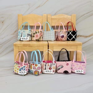 12 inch Doll Hand Bag France Dogs Plaid Flowers 18 inch Dolls Shopping Bag Overnight Bag 14 in Doll Accessory Reversible Tote Small Purse