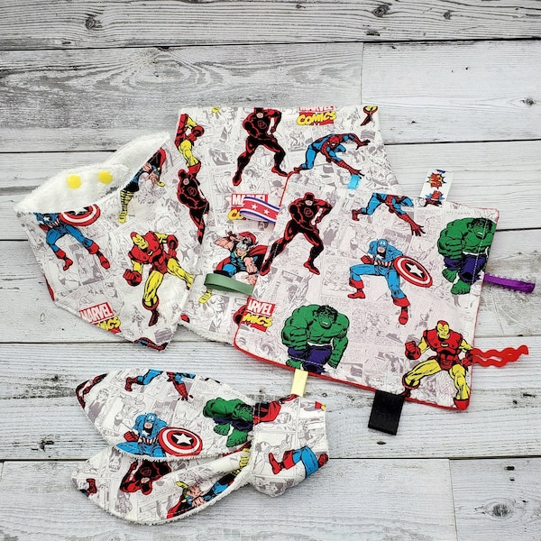 Marvel Superheros 4 pc Gift Set Baby Shower Gift Bandana Bib Crinkle Toy Sensory Tag Toy Burp Cloth Set Drool Bib Bunny Ears