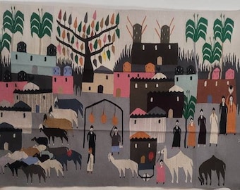 Tapiz de lana egipcia hecho a mano – Village Life Wall Hanging (80 x 56 pulgadas)