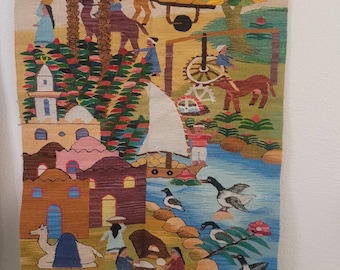 Tapiz tejido vintage para colgar en la pared, escena de Oriente Medio, decoración de arte popular.