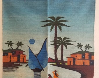 Tapiz egipcio tejido a mano con puesta de sol: tapiz de pared de un pueblo del río Nilo (135 x 99 cm)