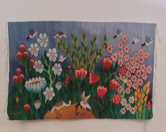Tapiz de lana hecho a mano: Jardín con flores y pájaros (122 x 81 cm)
