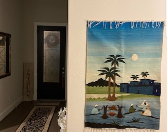 Tapiz de aldea egipcia hecho a mano - Tapiz de pared de lana (125 x 84 cm)