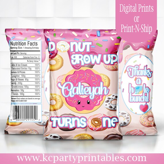 Digital File Donut Theme Chip Bag Party Favor Party Printables Donut Chip Bag First Birthday Custom Chip Bag Printed