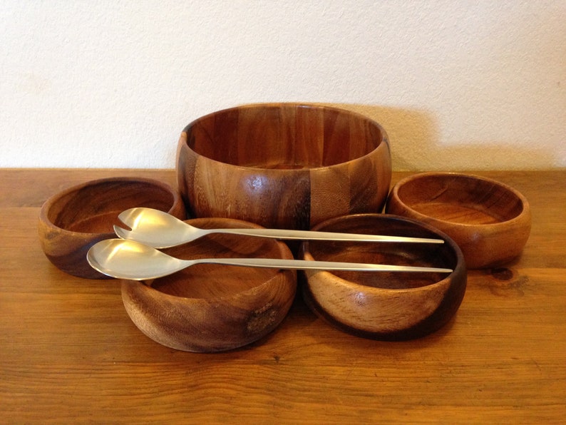 Vintage Mid Century Wooden Salad Bowl Set With Metal Servers Image 0