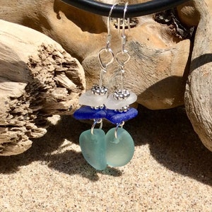 Aqua Blue, Cobalt Blue & White Genuine Sea Glass Earrings