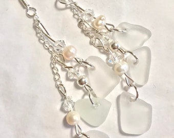 Seaglass Earrings- Chandelier with Swarovski Crystals, Freshwater Pearls & Silver Beads. White Seaglass.