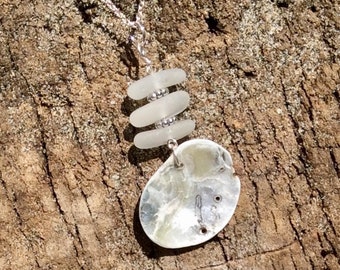 White Genuine California Sea Glass & Abalone Shell Pendant Necklace