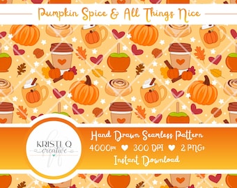Pumpkin Spice handgetekende naadloos patroon | Digitaal papier herfstkoffie | Digitale download herfstpompoenen en -bladeren