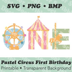 Pastelkleurige circus eerste verjaardag afdrukbare | Bordje leuk kinderfeestje SVG, PNG, BMP, downloadbaar sublimatiebestand