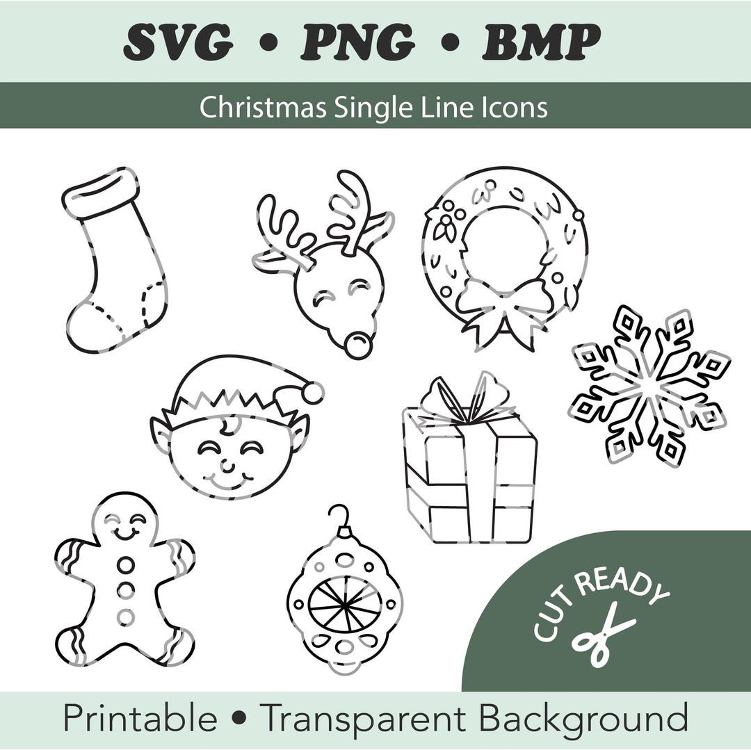 Christmas Single Line Icons | Cute Winter Holiday Line Art for Laser ...