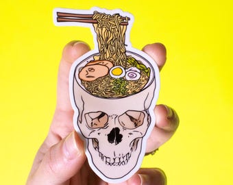 Ramen Noodle Skull Vinyl Sticker | Cute aesthetic spooky skeleton soup lover laptop decal