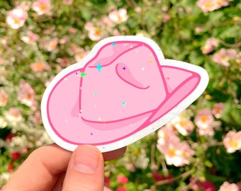 Pink Cowgirl Hat Vinyl Sticker | Cute aesthetic holographic sparkly girly western country laptop decal