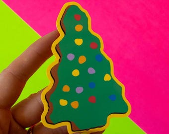 Holiday Cosmic Brownie Tree Vinyl Sticker | Cute aesthetic vintage kitsch Christmas tree snack treat dessert laptop decal